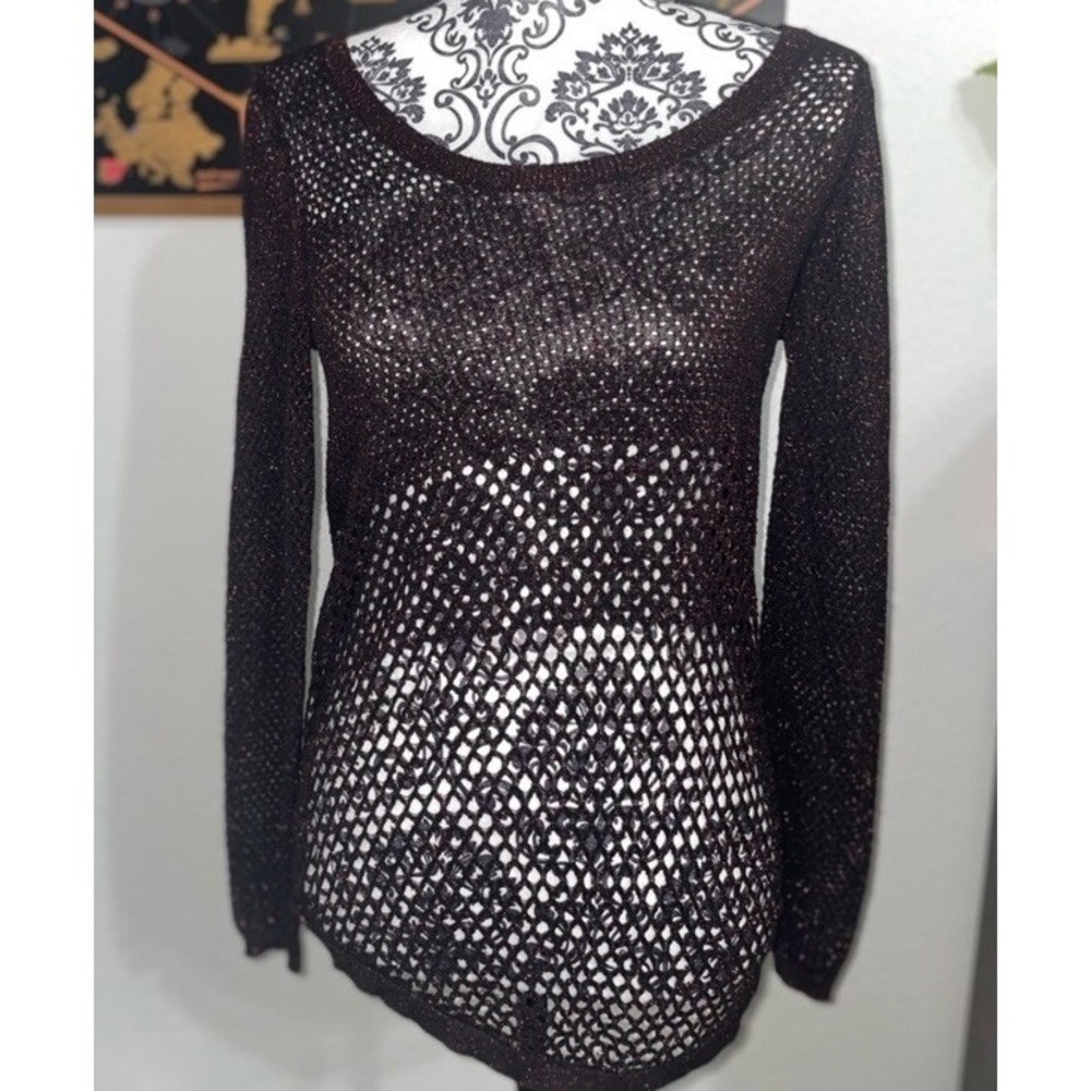Rock & Republic Mesh Women's Long Sleeve Shirt Blouse Metallic Top Ex Small‎
